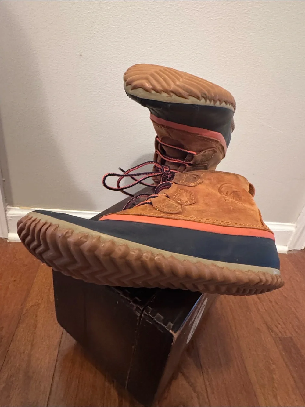 Waterproof Sorel Brown and Navy Lace-Up Rain Duck Boots with Orange Trim
